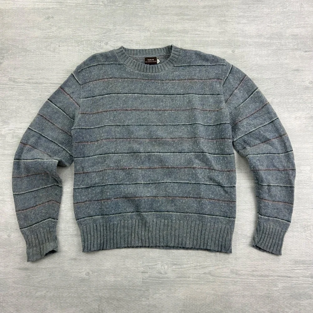 Vintage 60s Hudson's Striped Sweater‎ Size Large Gray Pullover Grandpa Boho